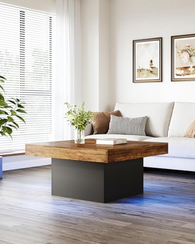 LITTLE TREE Square Coffee Table with LED Lights, 35-inch Living Room Tables, Modern Coffee Tables for Living Room, Brown and Black Wooden Center Table Cocktail Table for Home LITTLE TREE