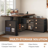 Homiflex 63" L Shaped Standing Desk with 3 Drawers Electric Adjustable Height Desk Corner Standing Desk with Storage Computer Game Desk with Power Outlets Computer Tower Stand for Home Office, Brown Homiflex