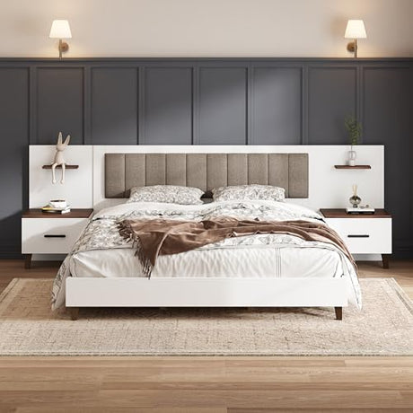 Merax King Size Bed Frame with 2 Nightstands and 2 Floating Shelves, Contemporary Platform Bed with Brown Polyester Upholstered Headboard, Middle Legs Support, No Box Spring Needed Merax