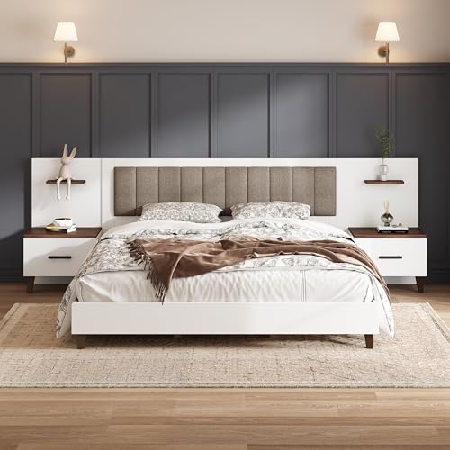 Merax King Size Bed Frame with 2 Nightstands and 2 Floating Storage Shelves, Contemporary Platform Bed Frame King Size with Upholstered Headboard, No Box Spring Needed Merax