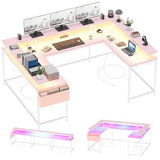 ElfinAura 78" U-Shaped Computer Desk - Reversible L-Shape Design with Built-in Power Strip, LED Lighting & Monitor Stand, Gaming Desk with Storage Shelves & Hooks - Pink. ElfinAura