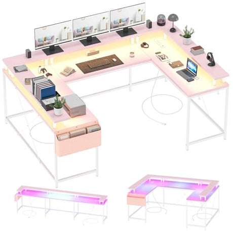 U/L Shaped Desk, Reversible Computer Gaming Desk with Power Outlet & LED Light, Large Corner Table with Monitor Stand & Storage Shelf, Idead for Home, Office, Gaming, Pink OUTGOODS
