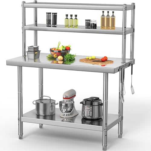 YITAHOME Stainless Steel Table with Overshelves, 30" X 24" Work Table with 30" X 12" Shelf, Metal Table Prep Table for Home Kitchen Restaurant Garage Warehouse - WoodArtSupply