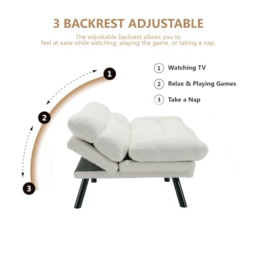 70“Futon Sofa Bed, White Convertible Folding Futon Small Couch Breathable Small,Upholstered Double Loveseat Bed for Compact Living Studio in Room and Bedroom, Offices, Dorm (White Teddy Velvet) Klwenas Maec