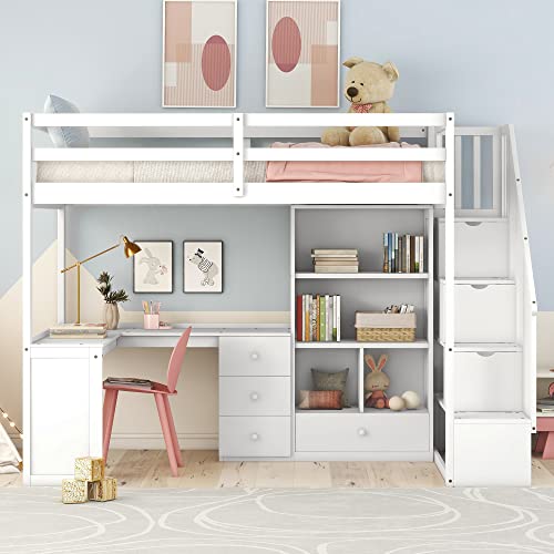 Merax Twin Size Wood Loft Bed with L-Shaped Desk, Storage Staircase and Drawers in White - WoodArtSupply