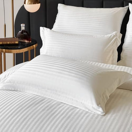 Amolavet Hotel Bedding Duvet Cover King Size Cotton White Satin Pin Striped Textured with Zipper - Duvet Cover King 3 Pcs Set 104x90 - Comforter Cover/Quilt Cover King Size Amolavet