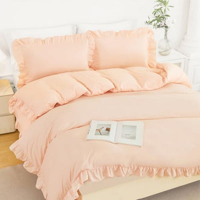 ZSYAYAHA Peach Pink Duvet Cover Twin Size 3 Pieces Ruffle Bedding Cover Set Boho Shabby Chic Comforter Cover Set for Girls Kids Teens(Peach Pink, Twin)