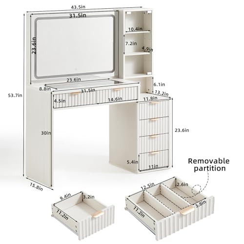 LEYAOYAO Vanity Desk with Mirror and Lights, 43.5'' Fluted Makeup Vanity with 6 Drawers and Adjustable Shelves, Wood TC Make Up Vanity Dressing Table with Glass Top and Power Outlet for Bedroom LEYAOYAO