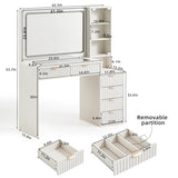 LEYAOYAO Vanity Desk with Mirror and Lights, 43.5'' Fluted Makeup Vanity with 6 Drawers and Adjustable Shelves, Wood TC Make Up Vanity Dressing Table with Glass Top and Power Outlet for Bedroom LEYAOYAO