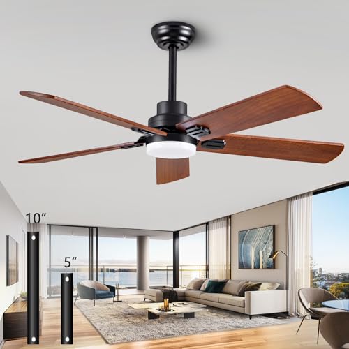 52-Inch Solid Wood with Remote Control with Light (LED) Modern DC DC Motor Indoor/Outdoor 5-Blade Ceiling Fan for Patios, Bedrooms and Farmhouses (Black + Walnut)