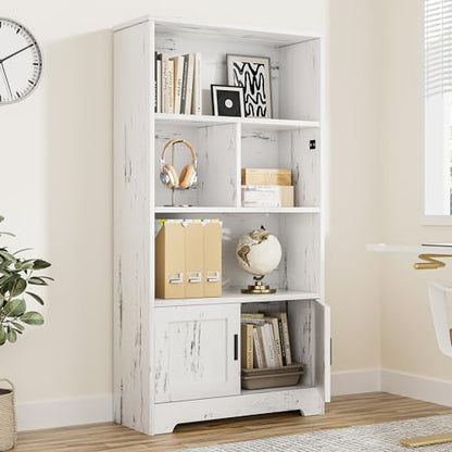 Modern White Bookcase with LED Lights and Storage Cabinet by GAOMON - WoodArtSupply