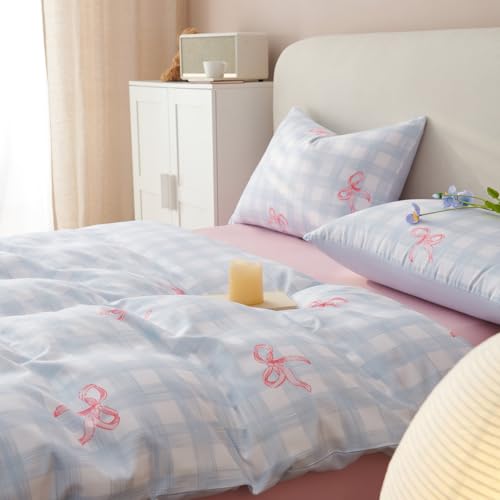 Bildenly Blue Plaid Twin Comforter Set - Pink Bow Quilt Bedding Set 2 Pieces, Gingham Comforter Set Twin Size, Soft & Lightweight Comforter(68‘’ x 90‘’) for Girl All Season & 1 Pillowcase(30‘’x20‘’) Bildenly