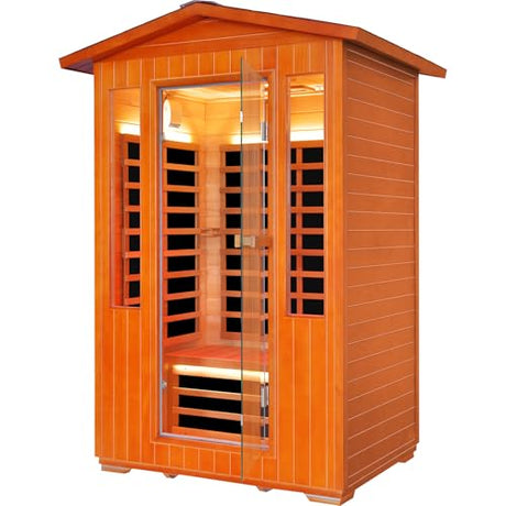 Outdoor Sauna 2 Person Sauna Infrared Saunas Dry Sauna Room 2080W/110V Low EMF Outer Board Red Cedar/Inner Board Fir Wood, Oxygen Bar, Speaker, LCD Control Screen, LED Lights - 48.8*38.2*81.9 in HOSAUNA