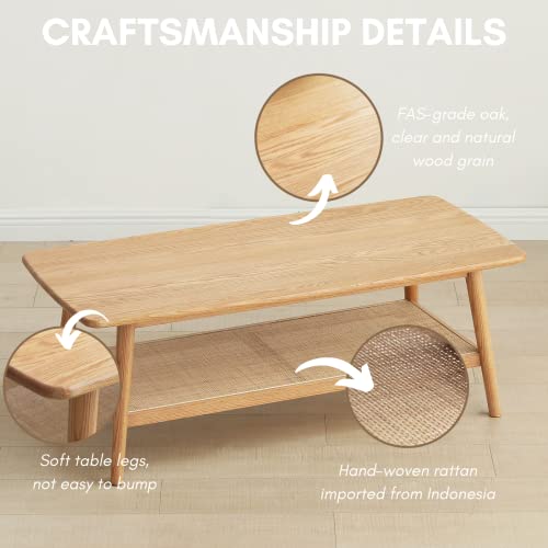 Vadisun Modern Solid Wood Coffee Table - Mid-Century Center Table with Natural Rattan Storage Shelf, 2-Tier Rectangular Coffee Table for Living Room, Cafe, Easy Assembly Vadisun