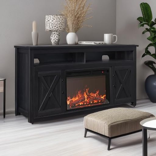 BELLEZE 58" Farmhouse Fireplace TV Stand for TVs up to 65", 23" Electric Fireplace Heater with Sound, Entertainment Center Media Console Table Barn Door Storage Cabinets for Living Room - Rustic Grey BELLEZE