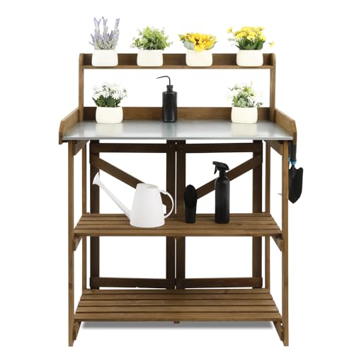 PetsCosset Folding Garden Potting Bench Table，Outdoor Wooden Work Station W/Metal Table Top,2 Tier Open Storage Rack,Top Shelf-Natural Stained - WoodArtSupply