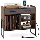Giantex Large Record Player Stand with Charging Station, Modern Turntable Stand w/2 Fabric Drawers & Adjustable Shelf, Record Player Table, Vinyl Record Storage for Living Room (Rustic Brown) Giantex