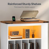 HOOBRO Large Record Player Stand with Charging Station & LED Lights, Vinyl Record Storage Table Holds up to 230 Albums, Turntable Stand with Display Shelf for Living Room, Walnut and White WH80UDRS01 HOOBRO