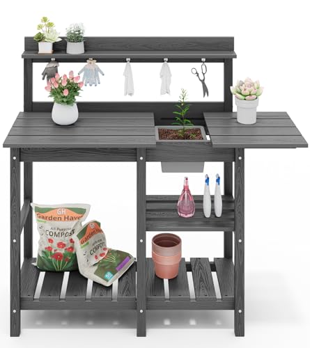 SERWALL Potting Bench Outdoor Potting Table with Sink, HDPE Potting Benches for Outside Gardening Table All Weather Use- Gray - WoodArtSupply