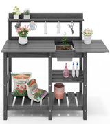 SERWALL Potting Bench Outdoor Potting Table with Sink, HDPE Potting Benches for Outside Gardening Table All Weather Use- Gray SERWALL
