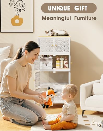 4 Tier Metal Storage Cabinet with wheels, Storage Bins with Magnetic Doors, Storage Cart for Living Room Wofufuza
