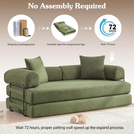 MAKIAAP 78.5'' Convertible Folding Sofa Bed, 5-in-1 Modular Floor Couch, Corduroy Small Cloud Couch, Compressed Foldable Sleeper Sofa, King Size Futon for Bedroom, Guest Room (Green) MAKIAAP