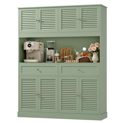 HIFIT 71" Hx55''W Large Kitchen Hutch Storage Cabinet, Farmhouse Coffee Bar Hutch with Microwave Stand, Tall Kitchen Pantry Cabinet with Louvered Doors, 2 Cable Holes, 2 Drawers, Green HIFIT