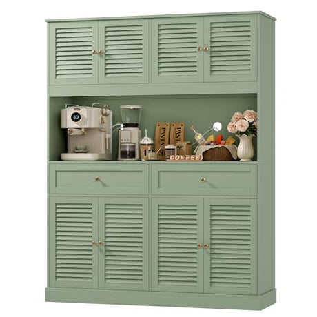 HIFIT 71" Hx55''W Large Kitchen Hutch Storage Cabinet, Farmhouse Coffee Bar Hutch with Microwave Stand, Tall Kitchen Pantry Cabinet with Louvered Doors, 2 Cable Holes, 2 Drawers, Green HIFIT