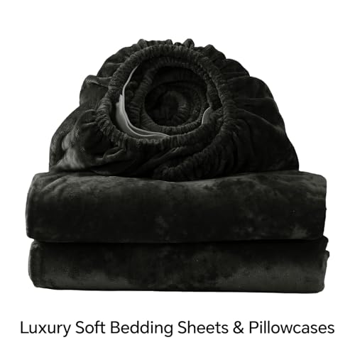 BEDELITE Velvet Fitted Sheet and Pillowcases Set, Luxury Soft Fuzzy Bottom Sheet with Reinforced Elastic Corner Straps, Deep Pocket up to 15 Inch, 1 Fitted Sheet and 2 Pillowcases (Queen, Black) BEDELITE