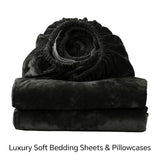 BEDELITE Velvet Fitted Sheet and Pillowcases Set, Luxury Soft Fuzzy Bottom Sheet with Reinforced Elastic Corner Straps, Deep Pocket up to 15 Inch, 1 Fitted Sheet and 2 Pillowcases (Queen, Black) BEDELITE