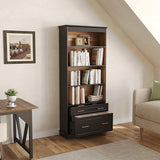 LITTLE TREE 72" Tall Black Bookcase, 5-Tier Office Bookself with File Cabinet Drawers,Modern Floor Standing Storage Filing Cabinet Book Shelf for Living Room,Bedroom LITTLE TREE