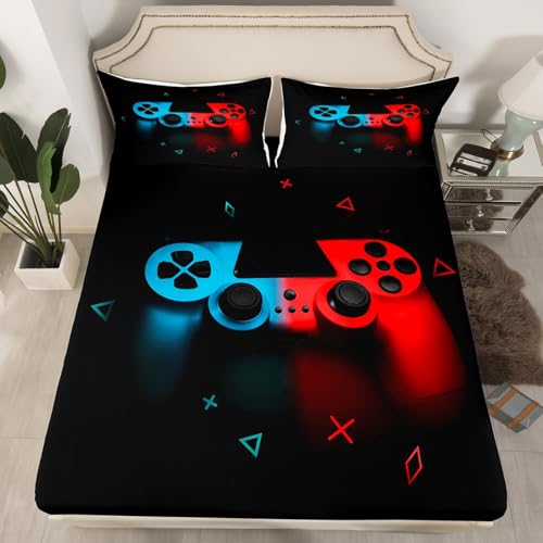 Gaming Bedding Sets for Boys Gamer Sheet Set King,Blue Red Gamepad Bed Sheet Sets Kid Men Video Games Fitted Sheet for Teen Child Game Room Decor Black Classic Retro Gaming Flat Sheet with Pillowcase Erosebridal