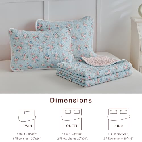 Joyreap Twin Size Floral Quilt Set for Girls, Pink Flowers on Blue Design, 3pcs Microfiber Lightweight Quilt Bedding Set, Bedspread Bed Cover for All Season- 68x88 inches Joyreap
