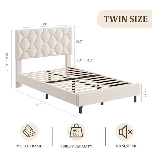 GAOMON Beige Twin Upholstered Bed Frame, Heavy-Duty Platform Bed Frame with Upholstered Headboard & Strong Wood Slats, No Box Spring Needed/Noise Free/Easy Assembly GAOMON
