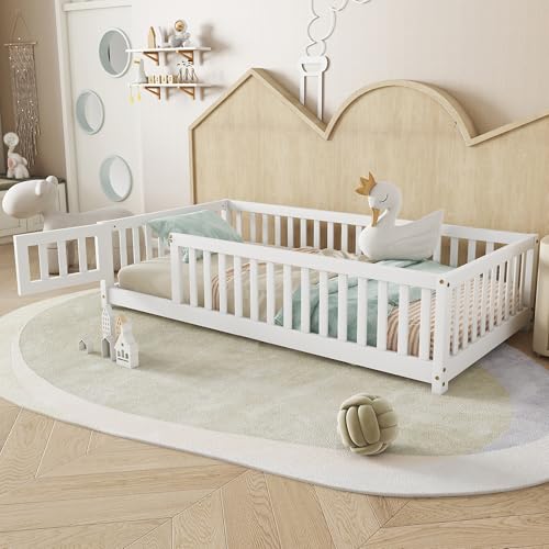 Twin Floor Bed with Slats, Fence and Door, Twin Size Montessori Floor Bed for Kids, Girls, Boys, Easy Assemble Montessori Bed Frame(Twin White) Bellemave