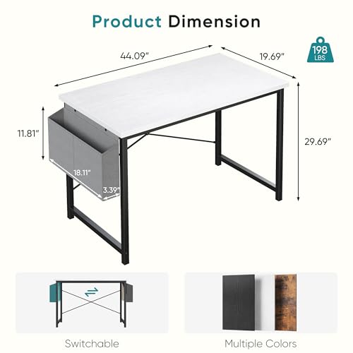 OLIXIS Computer Desk 44 Inch Home Office Desks for Small Spaces, Gaming Writing Study Work Table with Storage Bag for Bedroom, White OLIXIS