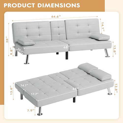 JUMMICO Faux Leather Futon Sofa Bed Futon Couch with Removable Armrests Adjustable Sleeper Sofa Bed with 2 Cup Holders for Living Room (PU Leather, White) JUMMICO