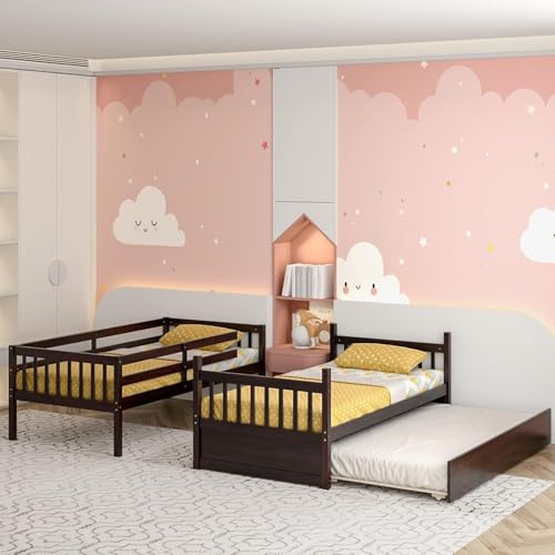 HOMGX Twin Over Twin Bunk Bed with Trundle, Wooden Removable Shelf Bunk Bed w/Ladder & Full Length Guardrail, Space-Saving Convertible Bunk Beds for Homes & Dorms (Espresso) WoodArtSupply