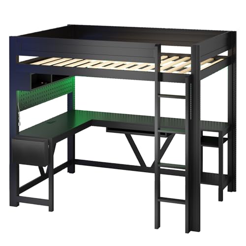SOFTSEA Full Size Gaming Loft Bed with Desk, Wooden Loft Bed with LED Light and USB Ports, Wood Gaming Bed with Desk Underneath and Storage for Teens Adults, Black SOFTSEA