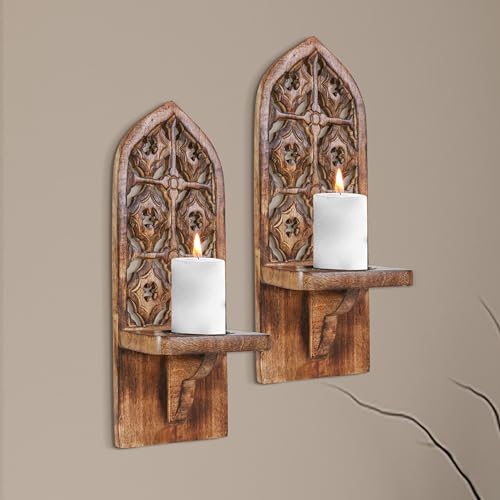 Wall Mounte Candle Sconces Set of 2, Decorative Wooden Candle Holder, Hand Carverd Farmhouse Candle Sconce, Perfect for Living Room Bedroom Bedroom Kitchen Wall Decoration - 16 Inch - Burnt N - WoodArtSupply