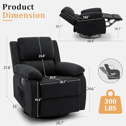 Korser Recliner Chair, 360 Swivel Rocker Chair for Adults, Small Rocking Recliner for Small Spaces, Upholstered Fabric Glider Recliner Nursery (Swivel Rocker Recliner, Charcoal Black)