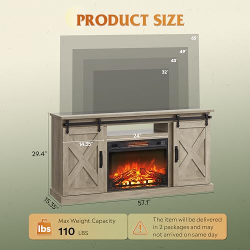 WLIVE Farmhouse Electric Fireplace TV Stand for TVs up to 65", Entertainment Center with Sliding X-Shaped Barn Door & Storage Cabinet, Media TV Console with 23" Fireplace for All Seasons, Grey Oak WLIVE