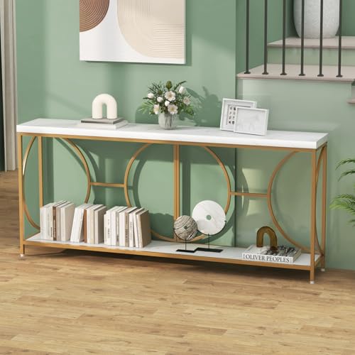Giantex 71" Console Table, 2-Tier Extra-Long Gold Entryway Table w/Storage Shelf, Faux Marble Top, Narrow Sofa Table with Geometric Frame, Behind Couch Entry Table for Living Room, Hallway, Foyer Giantex