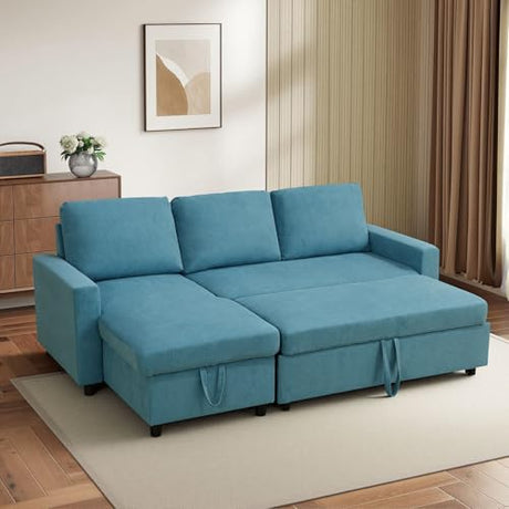 Yafylly L-Shaped Sleeper Sofa with Chaise Lounge & Storage, Pull-Out Couch Bed with Recliner, Full Size Futon for Living Room, Office, Apartment Teal Yafylly