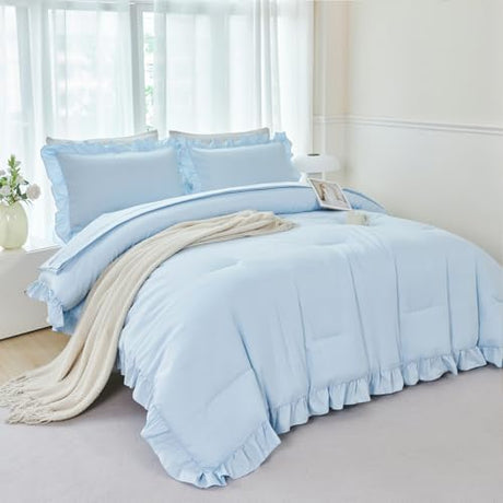 ANGIYUIN 5 Pieces Light Blue Full Bed in A Bag for Kids Girls Ruffle Bedding Sets Boho Comforter Set Vintage Farmhouse Bedding Comforter Sets with Sheets(Light Blue Full) ANGIYUIN