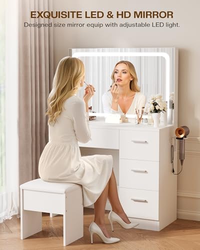 LIVELYGLOW Makeup Vanity Desk Set, White, 35.4“W x 15.7" D x 53.9" H (Large Smart LED Mirror, with Cushion Stool, Hairdryer Rack, Power-Outlet, 4 Drawers) LIVELYGLOW
