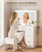 LIVELYGLOW Makeup Vanity Desk Set, White, 35.4“W x 15.7" D x 53.9" H (Large Smart LED Mirror, with Cushion Stool, Hairdryer Rack, Power-Outlet, 4 Drawers) LIVELYGLOW