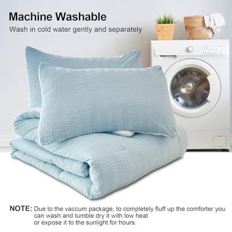 tohrisa Boho Comforter Set Full Size Striped Pleats Bohemian Seersucker Bedding Set All Season Soft Cozy 3 Pieces Quilt with 2 Pillowcases(80"X90" Light Blue) tohrisa
