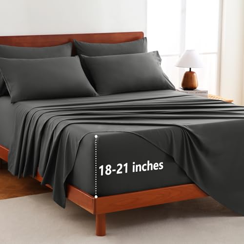 CozyLux Extra Deep Pocket King Size Sheets Set - 6 Piece King Sheets - Luxury Sheet King Size Fits Up to 21 inches Mattresses, Breathable King Sheet Set & Pillowcases - Easy & Secure Fit, Dark Grey CozyLux