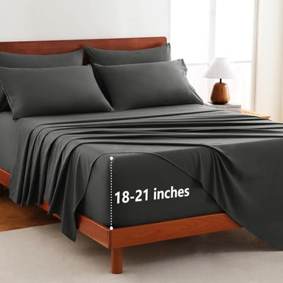 CozyLux Extra Deep Pocket Queen Sheet Set - 6 Piece Sheets Queen Size Bed Set - Fits Up to 21 inches Mattresses Queen Sheets，Breathable Queen Bed Sheets & Pillowcases - Easy & Secure Fit, Dark Grey